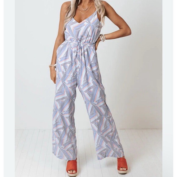 Skies Are Blue Jumpsuit Women’s L Large  Geometric Print Sleeveless Tie Belt NWT - Picture 2 of 14